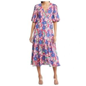 Chlesea 28 Pink w/Multicolor Floral Print Puff Sleeve Wrap Midi Dress size XXL